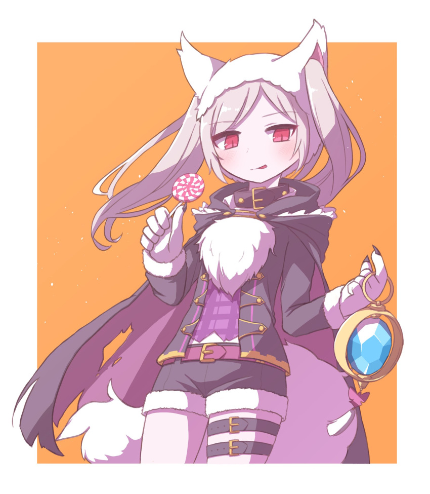 1girl animal_ears belt candy fire_emblem fire_emblem_awakening fire_emblem_heroes food fur_trim gloves grima_(fire_emblem) halloween_costume highres holding licking_lips lollipop long_sleeves mugimaru_(user_rdve5552) orange_background paw_gloves paws red_eyes robin_(fire_emblem) shorts simple_background solo tail thigh_strap tongue tongue_out twintails white_hair wolf_ears wolf_tail