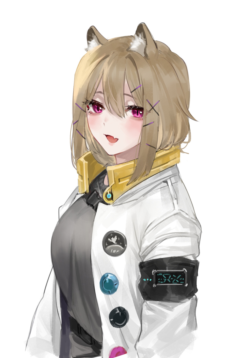 1girl animal_ear_fluff animal_ears arknights armband blonde_hair blush breasts commentary fang grey_shirt hair_ornament hairclip highres jacket large_breasts looking_at_viewer open_clothes open_jacket open_mouth shirt short_hair simple_background skin_fang slit_pupils smile solo sowb utage_(arknights) violet_eyes white_background white_jacket x_hair_ornament