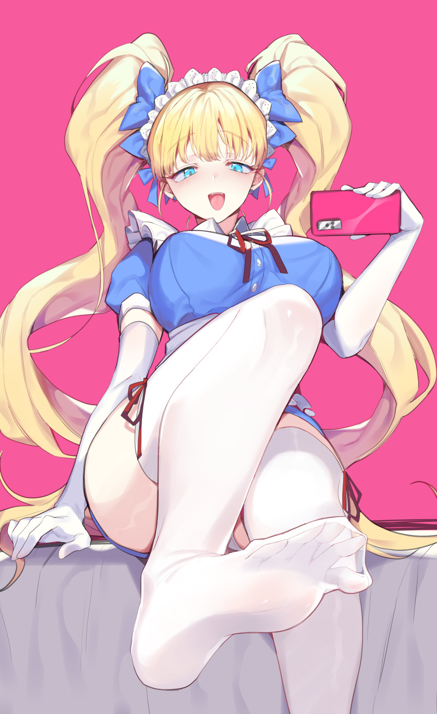 1girl absurdres bed_sheet blonde_hair blue_eyes blush cellphone elbow_gloves eyebrows_visible_through_hair feet frills gloves half-closed_eyes highres holding holding_phone long_hair mendou_kusai no_shoes on_bed open_mouth original phone pink_background red_ribbon ribbon see-through simple_background sitting sitting_on_bed smile solo teeth thigh-highs tongue twintails upper_teeth white_gloves