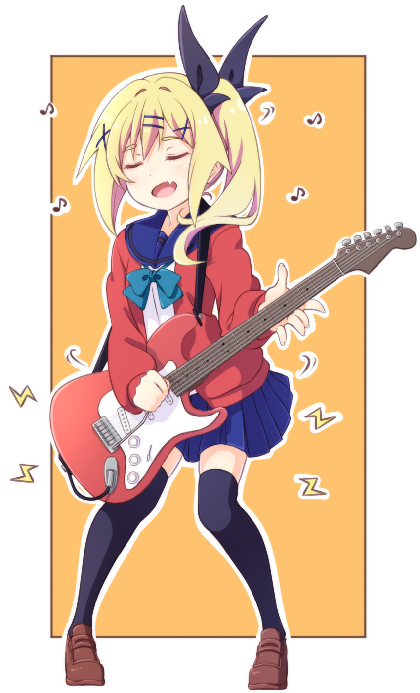 1girl :d bangs black_legwear black_ribbon blonde_hair blue_sailor_collar blue_skirt blush bow brown_footwear closed_eyes commentary_request electric_guitar fang full_body green_bow guitar hair_ornament hair_ribbon hairclip highres instrument jacket lightning_bolt music musical_note nukui_hayu ochikobore_fruit_tart open_clothes open_jacket open_mouth orange_background outline playing_instrument pleated_skirt pontasu red_jacket ribbon sailor_collar school_uniform serafuku shirt shoes side_ponytail skin_fang skirt smile solo standing thigh-highs two-tone_background white_background white_outline white_shirt x_hair_ornament
