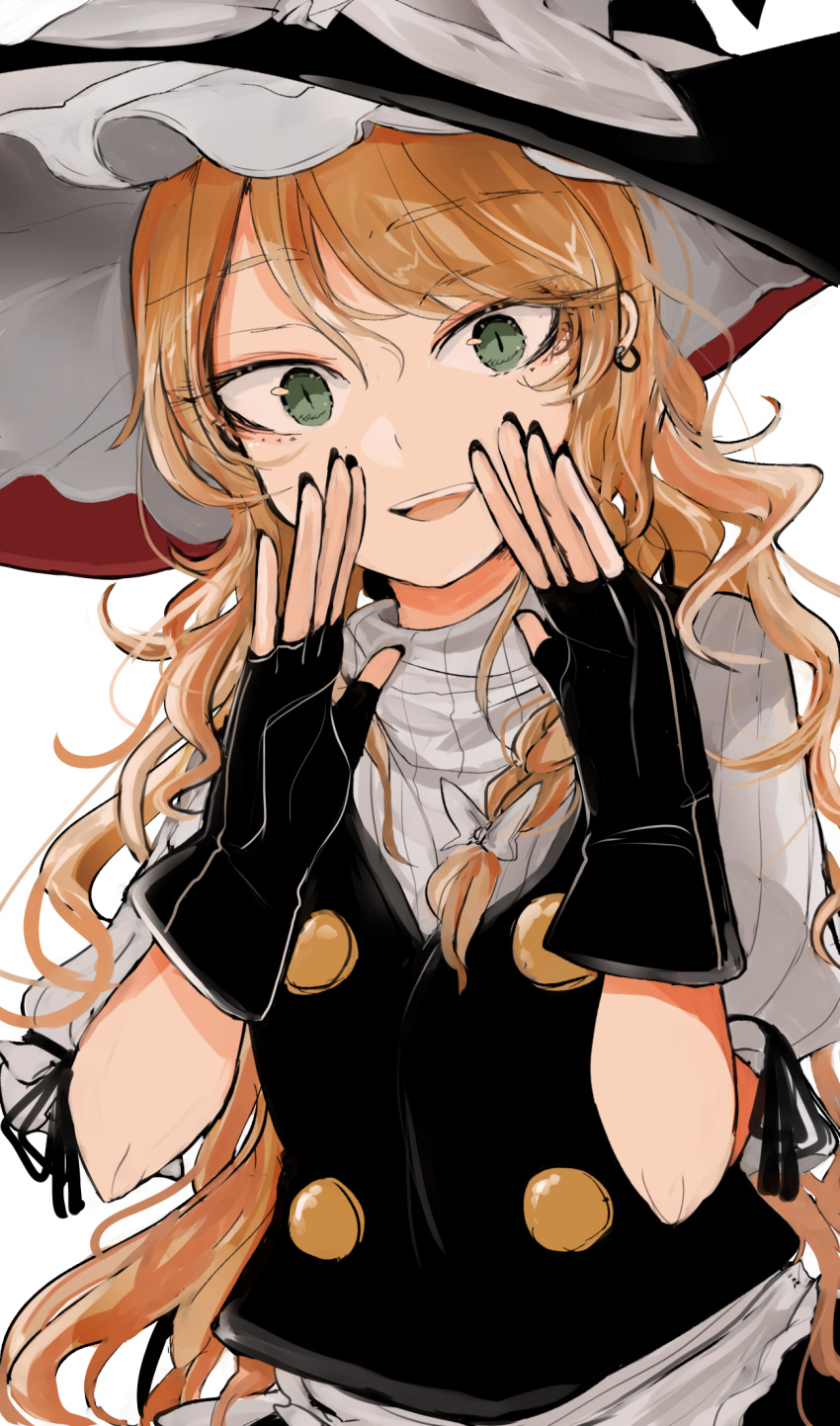 1girl bangs black_gloves black_headwear black_nails black_vest blonde_hair bow braid buttons earrings eyebrows_visible_through_hair fingerless_gloves frilled_hat frills gloves green_eyes hair_between_eyes hair_bow hat hat_bow highres jewelry kirisame_marisa long_hair looking_at_viewer ne_kuro open_mouth puffy_short_sleeves puffy_sleeves shirt short_sleeves side_braid simple_background single_braid smile solo touhou upper_body vest wavy_hair white_background white_bow white_shirt witch_hat