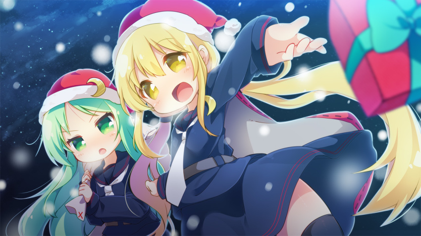 2girls black_legwear black_sailor_collar black_serafuku black_skirt blonde_hair blush box christmas crescent crescent_hair_ornament crescent_moon_pin eyebrows_visible_through_hair gift gift_box green_eyes green_hair hair_between_eyes hair_ornament hat kantai_collection long_hair long_sleeves low_twintails matatabi_(nigatsu) multiple_girls nagatsuki_(kantai_collection) neckerchief open_mouth sack sailor_collar santa_hat satsuki_(kantai_collection) school_uniform serafuku skirt smile thigh-highs twintails white_neckwear yellow_eyes