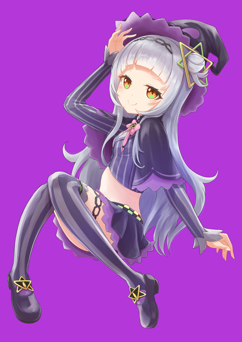 1girl absurdres arm_up bangs black_capelet black_footwear black_hairband black_headwear black_skirt brown_eyes capelet crop_top eyebrows_visible_through_hair full_body hair_bun hairband hat highres hilamaru hololive knees_together_feet_apart long_hair long_sleeves midriff murasaki_shion pleated_skirt purple_background purple_shirt shirt shoes side_bun silver_hair simple_background skirt sleeves_past_wrists solo striped striped_legwear striped_shirt thigh-highs v-shaped_eyebrows vertical-striped_legwear vertical-striped_shirt vertical_stripes very_long_hair virtual_youtuber witch_hat