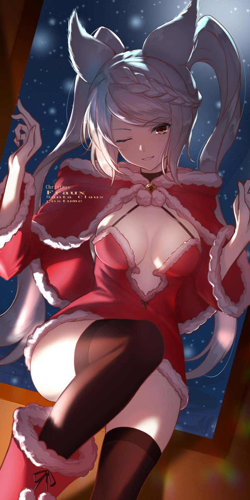 1girl absurdres aiu_eo animal_ears bangs braid braided_bangs breasts brown_eyes christmas erune fraux granblue_fantasy highres long_hair looking_at_viewer medium_breasts one_eye_closed open_mouth silver_hair smile solo swept_bangs thigh-highs twintails yellow_eyes