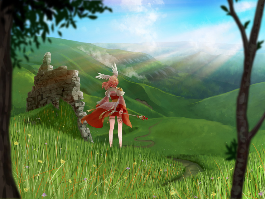 1girl archbishop_(ragnarok_online) blonde_hair clouds commentary_request day dress feathered_wings fishnet_legwear fishnets flower from_behind full_body grass highres hill holding holding_staff juliet_sleeves long_sleeves medium_hair micoto mountain mountainous_horizon outdoors path puffy_sleeves purple_flower ragnarok_online red_dress scenery see-through sky solo staff standing stone_wall thigh-highs tree twintails two-tone_dress wall white_dress white_legwear wide_sleeves wing_hair_ornament wings yellow_flower