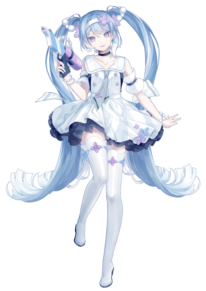 1girl absurdres bangs blue_eyes blue_flower blue_hair boots bracelet dress eyebrows_visible_through_hair flower full_body grey_neckwear hair_between_eyes hair_flower hair_ornament hairband hatsune_miku head_tilt highres holding jewelry long_hair looking_at_viewer parted_lips pearl_bracelet pleated_dress purple_flower simple_background sleeveless sleeveless_dress smile solo standing standing_on_one_leg thigh-highs thigh_boots twintails very_long_hair vocaloid water_gun white_background white_dress white_footwear white_hairband white_legwear yamiluna39