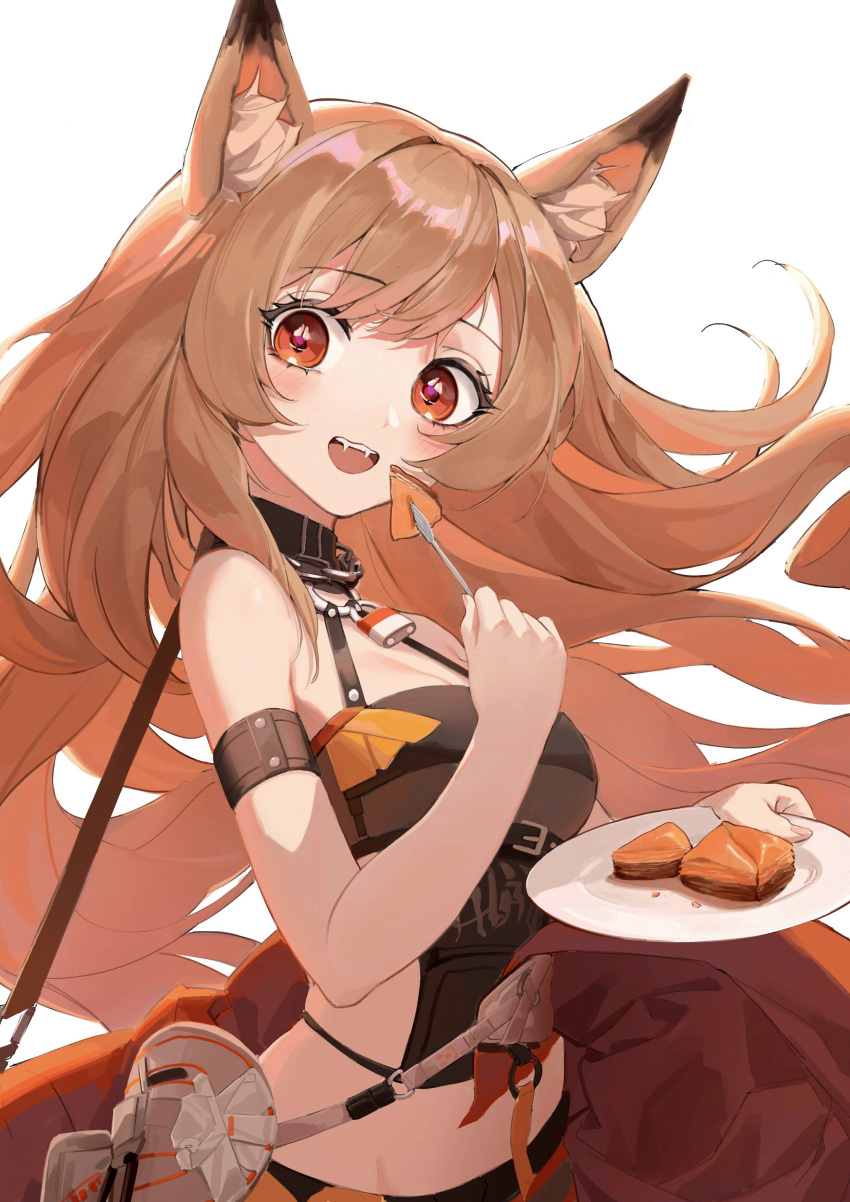 1girl absurdres animal_ear_fluff animal_ears arknights arm_up armband baklava black_shirt blush brown_hair cake ceobe_(arknights) ceobe_(summer_flowers)_(arknights) dog_ears eating fangs food fork highres holding holding_fork holding_plate lock long_hair looking_at_viewer official_alternate_costume open_mouth padlock plate red_eyes rui_(rei_leyi) shirt simple_background solo standing very_long_hair white_background