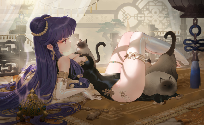 1girl animal arm_support bangs bare_shoulders barefoot blush carpet cat china_dress chinese_clothes closed_mouth curtains double_bun dress earrings elbow_gloves gloves hong_yun_ji incense_burner indoors jewelry legs_up long_hair lying on_back on_floor pelvic_curtain pillow pink_eyes railing ranma_1/2 shampoo_(ranma_1/2) single_thighhigh sleeveless sleeveless_dress smoke solo tassel tassel_earrings thigh-highs thighlet very_long_hair white_gloves white_legwear