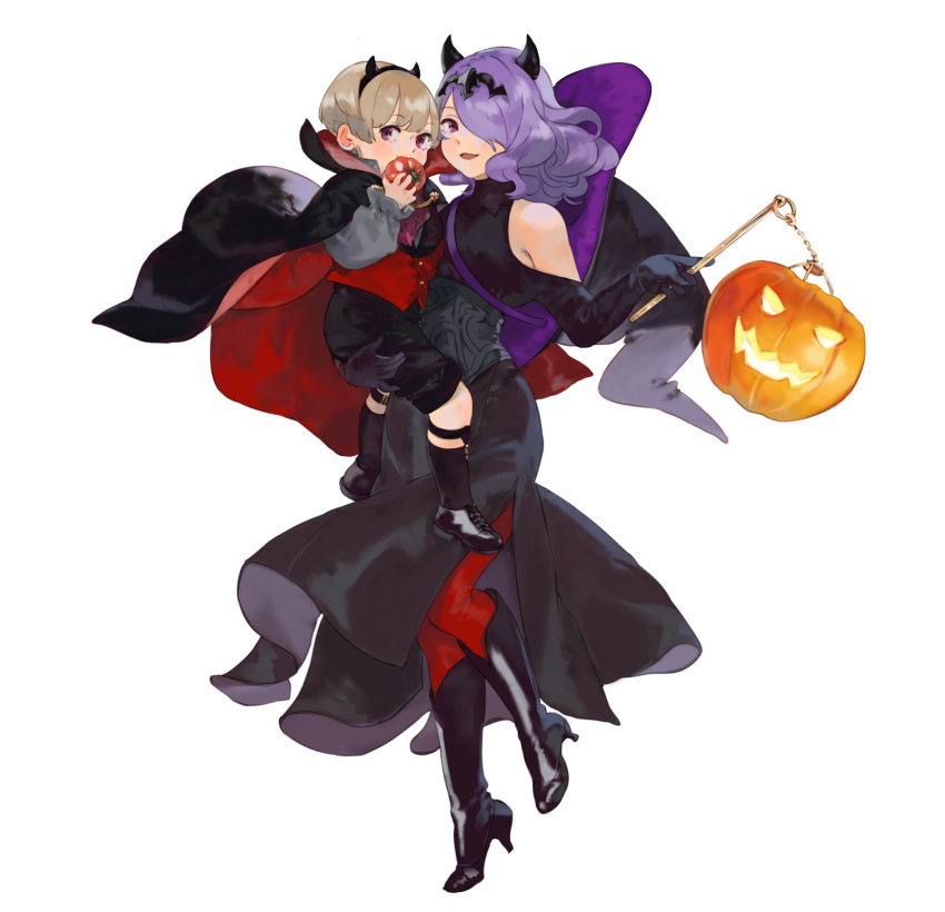1boy 1girl ai-wa black_gloves blonde_hair boots brother_and_sister camilla_(fire_emblem) cape dress fake_horns fire_emblem fire_emblem_fates gloves hair_over_one_eye halloween_costume high_heel_boots high_heels highres holding horns jack-o'-lantern leo_(fire_emblem) long_hair open_mouth purple_hair red_eyes red_legwear short_hair siblings simple_background tomato white_background younger