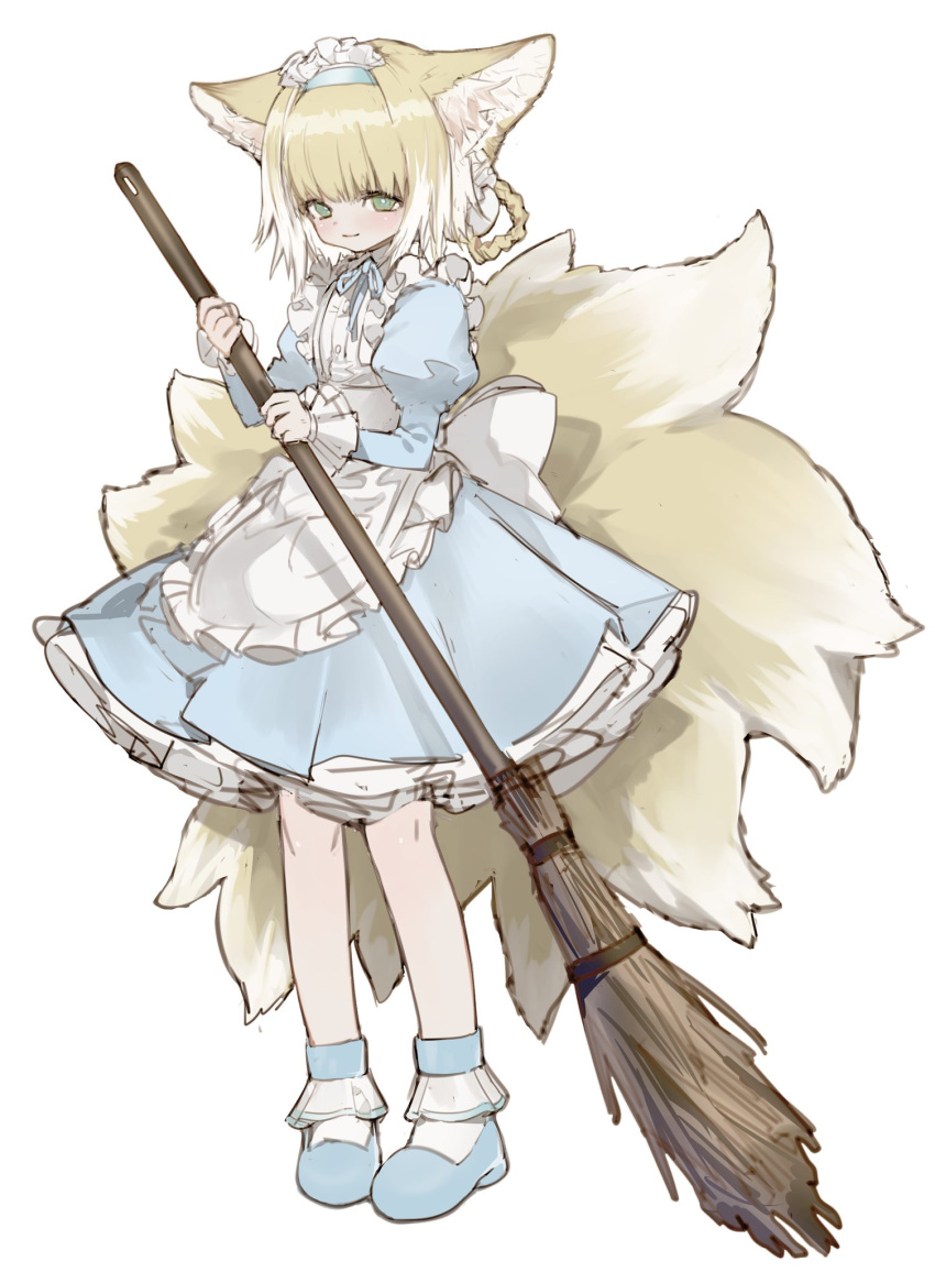 1girl alternate_costume animal_ears apron arknights bad_id bad_twitter_id blonde_hair blue_dress blue_footwear blue_hairband braid broom closed_mouth cn33612906 dress fox_ears fox_tail frilled_dress frills full_body green_eyes hairband highres holding holding_broom kitsune looking_at_viewer maid maid_apron maid_headdress multiple_tails short_hair smile solo standing suzuran_(arknights) tail