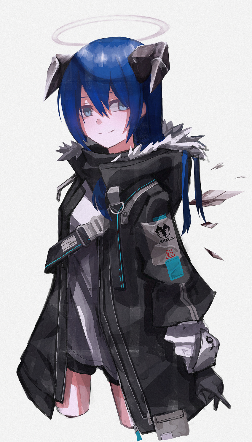 1girl absurdres arknights bangs black_gloves black_jacket blue_eyes blue_hair fur-trimmed_jacket fur_trim gloves hair_between_eyes halo highres hood hood_down hooded_jacket horns jacket long_hair long_sleeves mostima_(arknights) no_legs open_clothes shirt shorts smile solo white_background white_shirt yako_mashiro