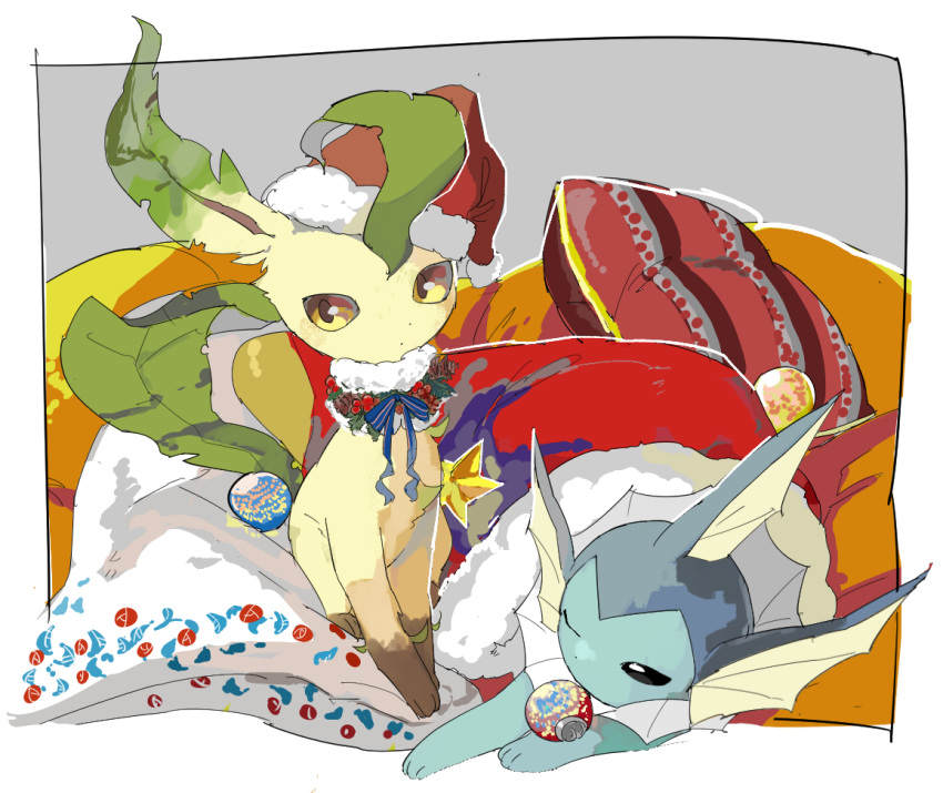 apios1 bauble black_sclera blue_neckwear blue_ribbon blush border brown_eyes christmas christmas_stocking closed_mouth clothed_pokemon commentary_request cushion fur-trimmed_headwear fur_trim gen_1_pokemon gen_4_pokemon half-closed_eye hat holly leafeon light_blush looking_at_another neck_ribbon no_humans outside_border pillow pinecone pokemon pokemon_(creature) pom_pom_(clothes) red_headwear ribbon santa_hat sitting star_(symbol) vaporeon white_border white_eyes yellow_sclera