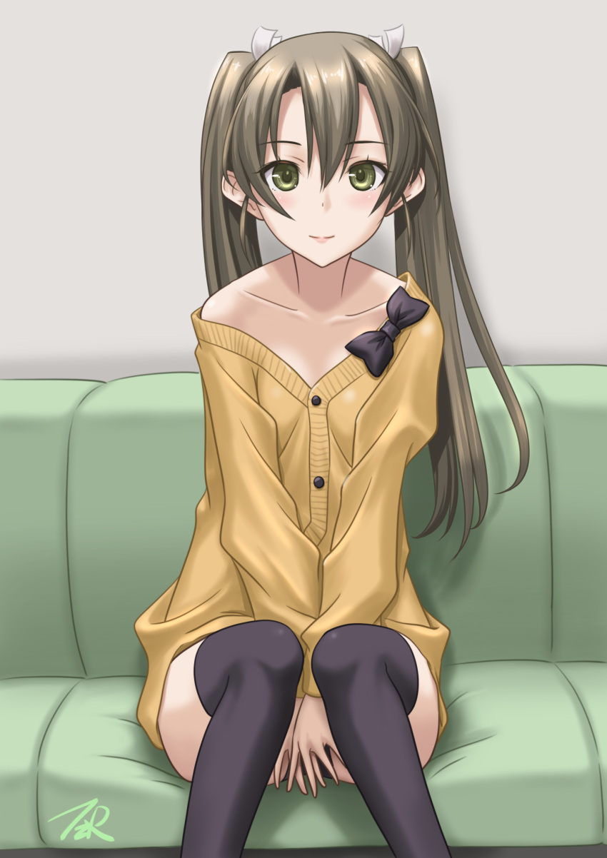 1girl alternate_costume black_legwear black_neckwear commentary_request dress feet_out_of_frame green_eyes grey_hair highres kantai_collection long_hair looking_at_viewer off-shoulder_dress off_shoulder ribbon sitting solo sweater t2r thigh-highs twintails v_arms white_ribbon zuikaku_(kantai_collection)