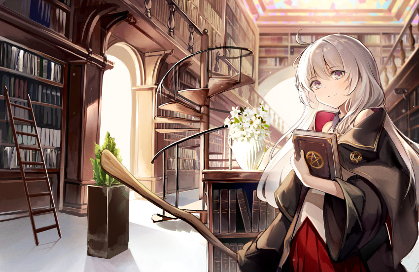 1girl ahoge black_robe book bookshelf brooch broom collared_shirt commentary dampi elaina_(majo_no_tabitabi) eyebrows_visible_through_hair flower hexagram highres holding holding_book holding_broom jewelry ladder library long_hair long_sleeves majo_no_tabitabi no_hat no_headwear open_clothes open_robe pentagram plant potted_plant robe shirt silver_hair sleeveless sleeveless_shirt smile solo spiral_staircase stairs violet_eyes white_shirt wide_sleeves