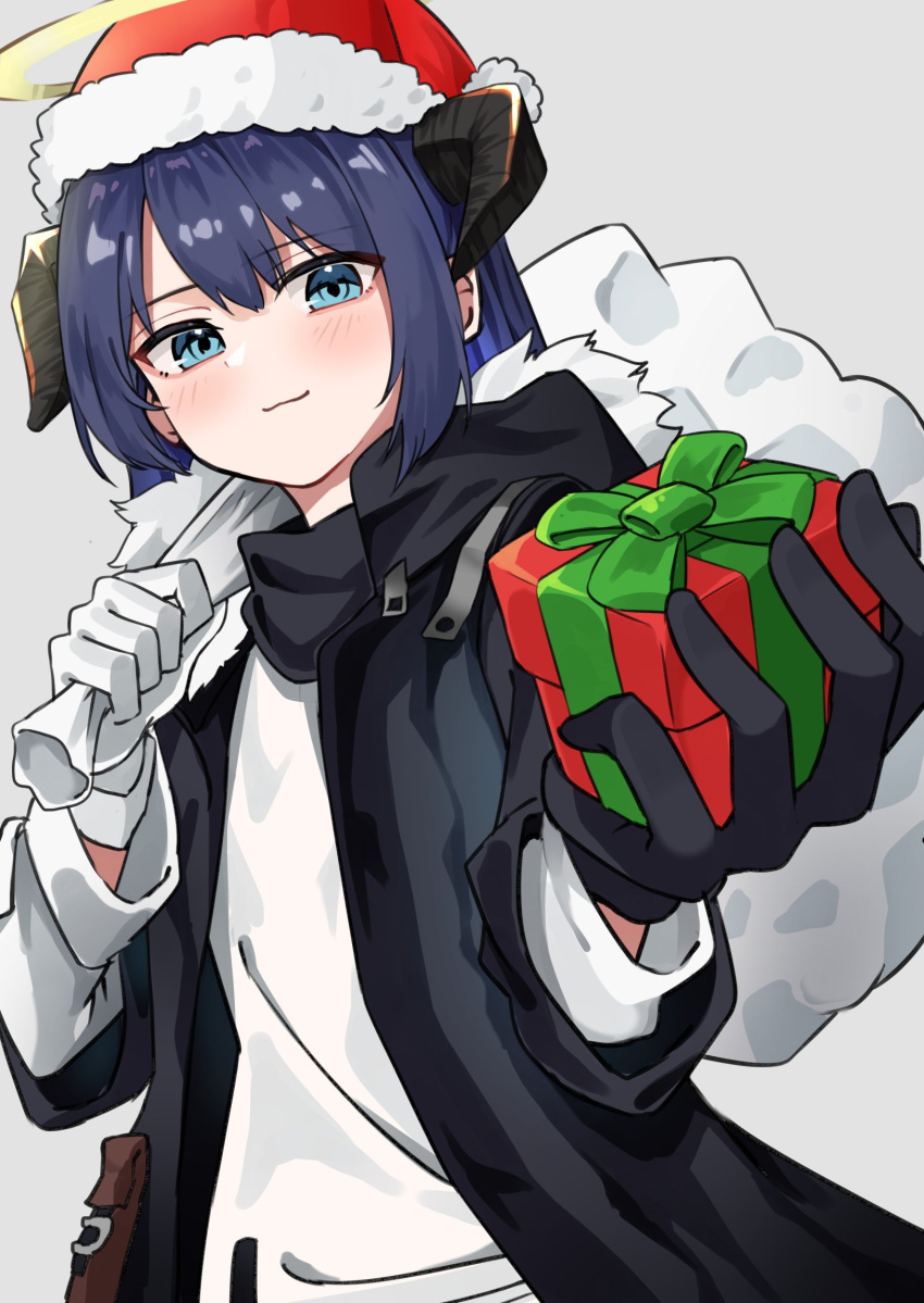1girl :3 arknights black_gloves black_jacket blue_eyes blue_hair box demon_horns eyebrows_visible_through_hair fur-trimmed_hood fur_trim gift gift_box gloves grey_background halo hat highres holding holding_gift hood horns jacket long_hair looking_at_viewer mismatched_gloves mostima_(arknights) open_clothes open_jacket over_shoulder poyano sack santa_hat shirt simple_background solo symbol_commentary upper_body white_gloves white_shirt
