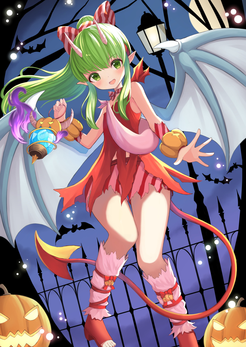 1girl absurdres bow dragon_wings dress fire_emblem fire_emblem:_mystery_of_the_emblem fire_emblem_heroes green_eyes green_hair hair_bow hako_momiji halloween_costume highres holding jack-o'-lantern long_hair open_mouth pointy_ears ponytail short_dress solo tiki_(fire_emblem) wings