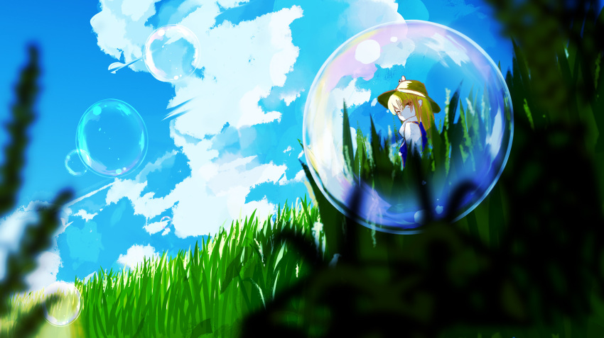 1girl blonde_hair blue_vest blurry_foreground brown_headwear bubble clouds commentary day grass high_collar highres hill ln_(xhds7875) long_hair long_sleeves looking_at_viewer moriya_suwako outdoors scenery shirt solo summer touhou vest white_shirt wide_shot yellow_eyes