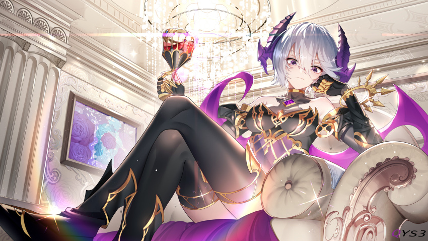 1girl bare_shoulders black_gloves black_legwear breasts chandelier crossed_legs elbow_gloves eyebrows_visible_through_hair from_below glass gloves grey_hair hair_between_eyes highres horns indoors looking_at_viewer masterwork_apocalypse qys3 short_hair sitting slit_pupils small_breasts solo thigh-highs violet_eyes