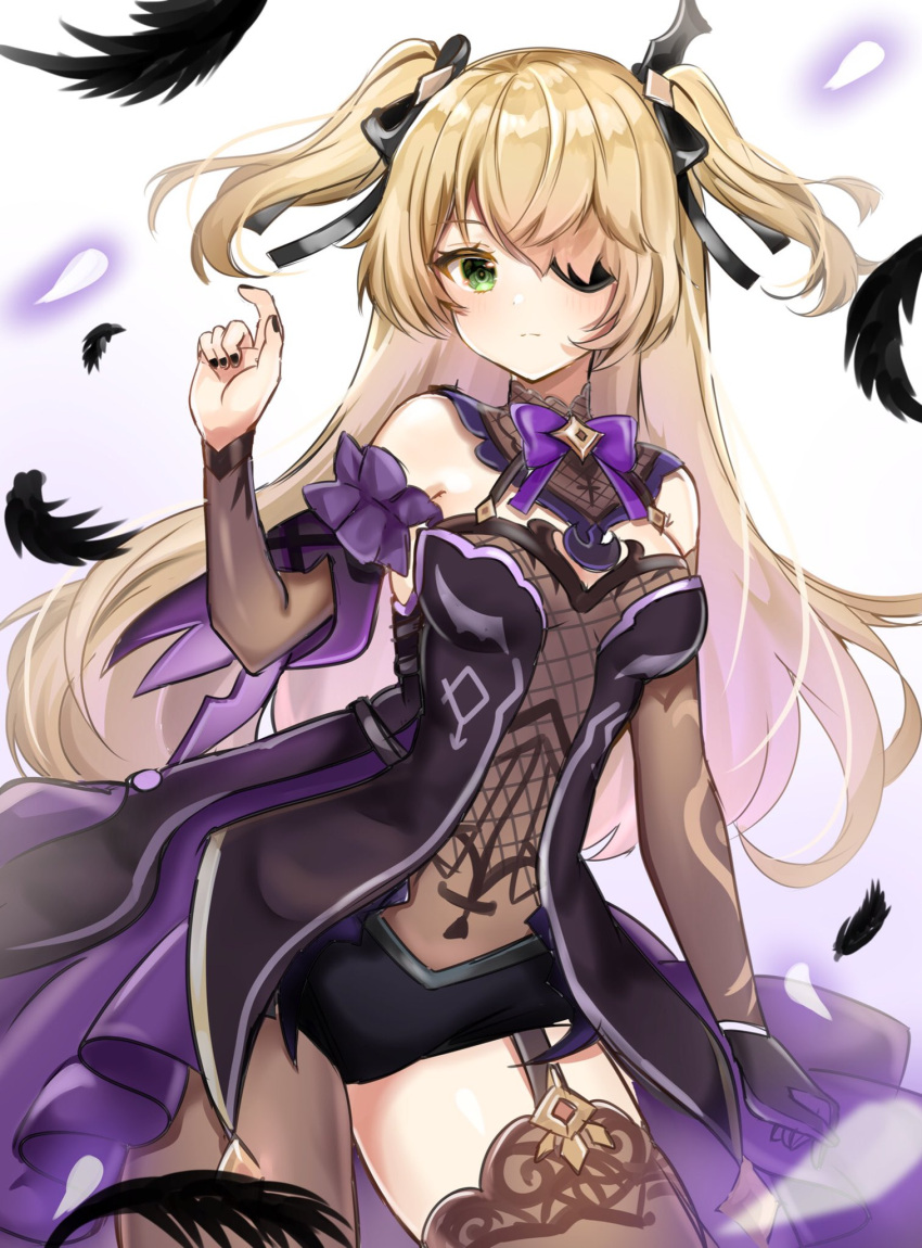 1girl bare_shoulders black_dress black_nails blonde_hair bow bowtie breasts brown_legwear cowboy_shot detached_collar detached_sleeves dress eyepatch feathers fischl_(genshin_impact) fishnets garter_straps genshin_impact gloves green_eyes hair_over_one_eye hair_ribbon hand_up highres katsushika_pachi long_hair long_sleeves looking_at_viewer medium_breasts nail_polish revealing_clothes ribbon single_glove single_leg_pantyhose single_thighhigh solo standing thigh-highs two_side_up
