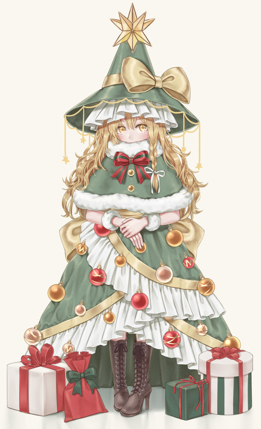 1girl alternate_costume back_bow blonde_hair boots bow bowtie braid brown_footwear christmas christmas_tree_costume commentary covered_mouth dress frills full_body fur_trim gift green_capelet green_dress hair_ribbon hat hat_bow high_heels highres kirisame_marisa long_hair looking_at_viewer ornament pigeon-toed red_bow red_neckwear ribbon side_braid simple_background single_braid solo standing star_(symbol) striped striped_bow torinari_(dtvisu) touhou tress_ribbon wavy_hair white_background white_ribbon wrist_cuffs yellow_bow yellow_eyes