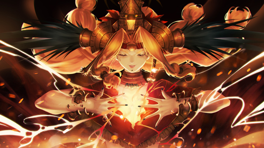 1girl aztec bangle bangs blonde_hair blueorca bracelet bracer broken chin_piercing closed_eyes collar commentary crack cracked_skin earrings energy eyebrows eyelashes facing_viewer fate/grand_order fate_(series) feathers fire floating_hair frown glowing hair_intakes hair_tubes hair_up hands_up headband headdress highres jewelry lips long_hair nail_polish neck_ring necklace open_hand outstretched_hand parted_lips pink_lips poncho quetzalcoatl_(fate/grand_order) red_headband smile solo sparks spread_fingers tied_hair torn_clothes upper_body