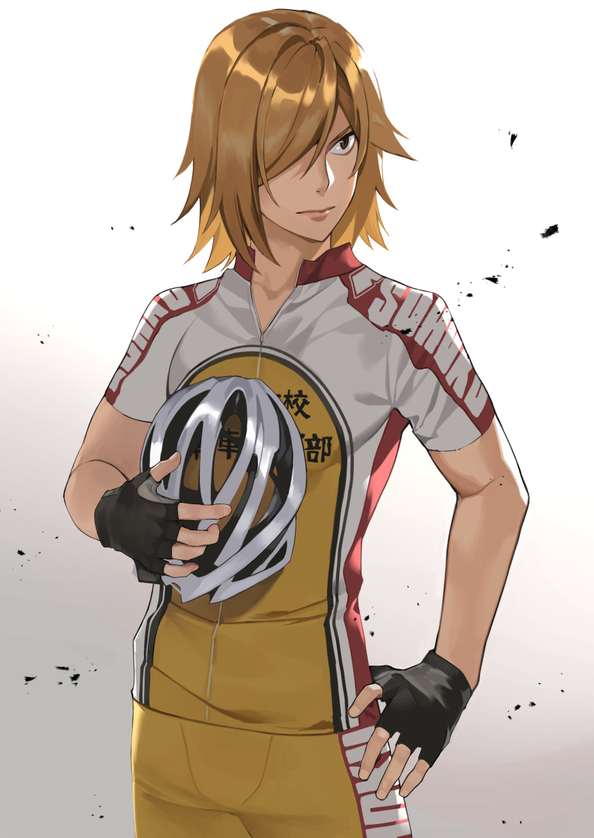 1boy absurdres aoyagi_hajime bicycle_helmet black_gloves blonde_hair collarbone commentary_request cowboy_shot cyclist fingerless_gloves gloves hair_over_one_eye hand_on_hip helmet highres holding holding_helmet komeo15 male_focus multicolored_shirt red_shirt red_shorts shirt short_sleeves shorts solo standing white_shirt yellow_shirt yellow_shorts yowamushi_pedal