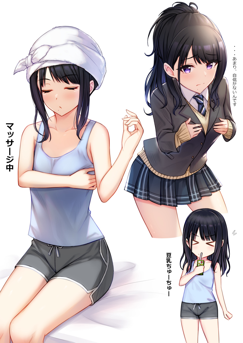 1girl absurdres bangs black_hair closed_eyes commentary_request dolphin_shorts drink drinking eyebrows_visible_through_hair highres idolmaster idolmaster_shiny_colors kazano_hiori long_hair miyar2d2 mole mole_under_mouth ponytail school_uniform shorts skirt tank_top towel towel_on_head translation_request violet_eyes white_background