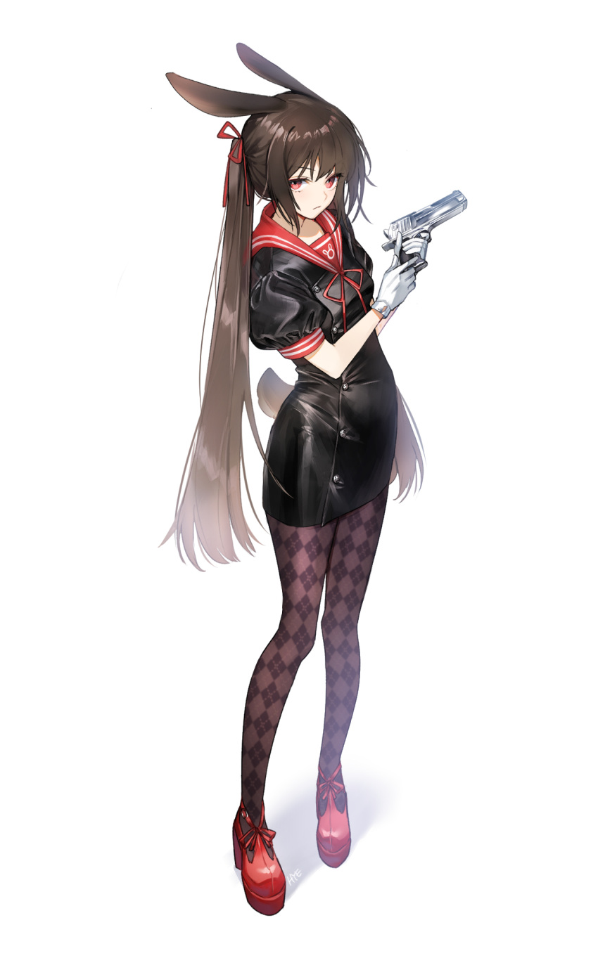 1girl animal_ears brown_hair bunny_tail desert_eagle gloves gun hair_ribbon handgun hieung high_heels highres holding holding_gun holding_weapon long_hair looking_at_viewer neck_ribbon original pantyhose pistol rabbit_ears red_eyes red_ribbon ribbon sailor_collar short_sleeves simple_background tail twintails weapon white_background white_gloves