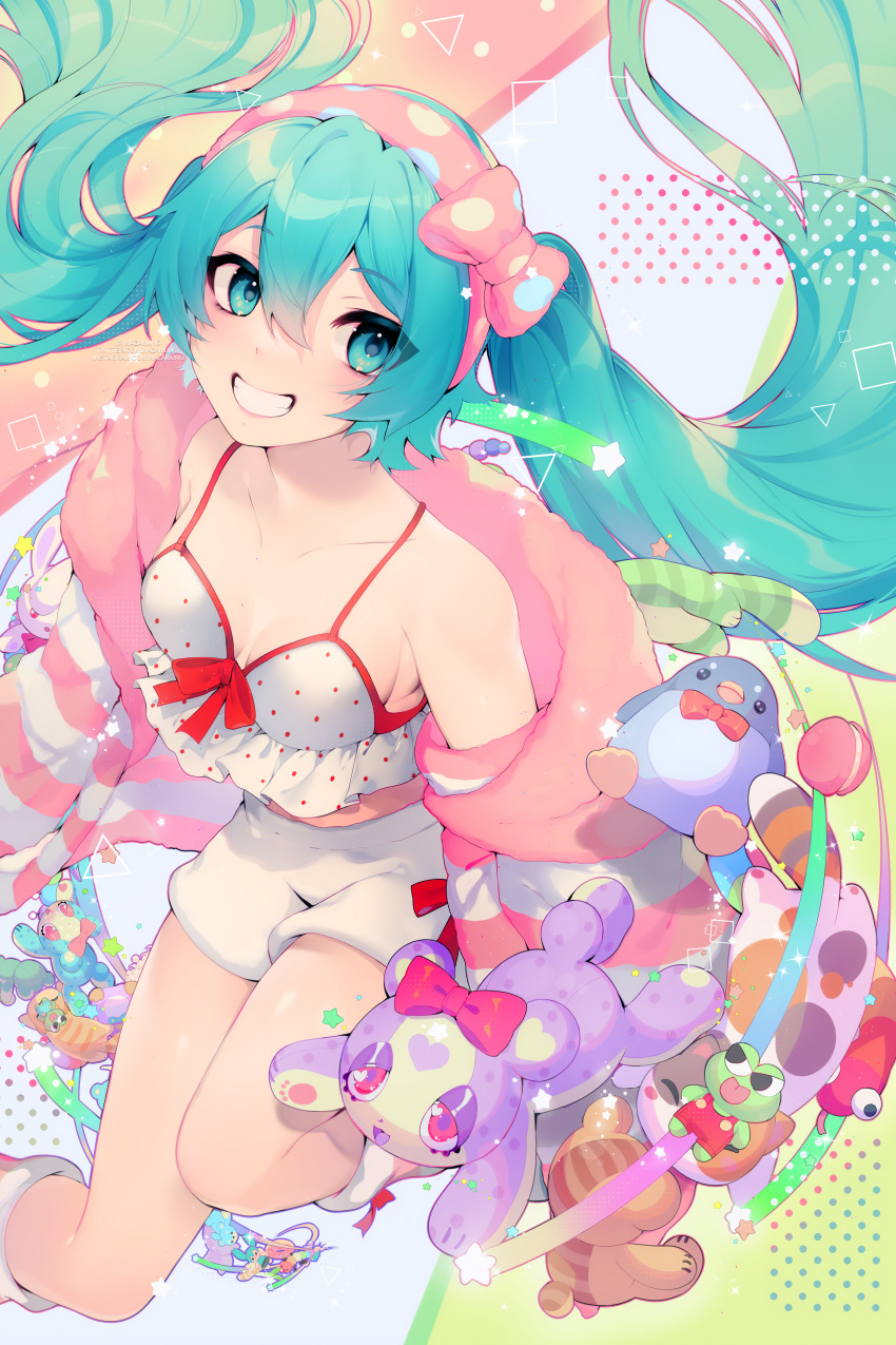 1girl absurdres aqua_eyes aqua_hair bow collarbone commentary eyebrows_visible_through_hair feet_out_of_frame floating_hair grin hairband hatsune_miku highres huge_filesize looking_at_viewer mazamuno off_shoulder pink_bow pink_hair shorts smile solo striped striped_sweater stuffed_animal stuffed_penguin stuffed_toy sweater swimsuit teeth vocaloid white_shorts white_swimsuit