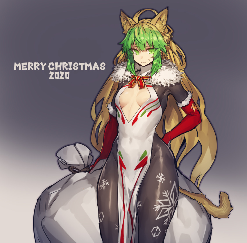 1girl ahoge animal_ears atalanta_(fate) bangs bow breast_cutout breasts christmas clothing_cutout eyebrows_visible_through_hair fate/apocrypha fate/grand_order fate_(series) fur_collar gloves green_eyes green_hair melon22 multicolored_hair pantyhose red_gloves ribbon sack small_breasts snowflake_print tail