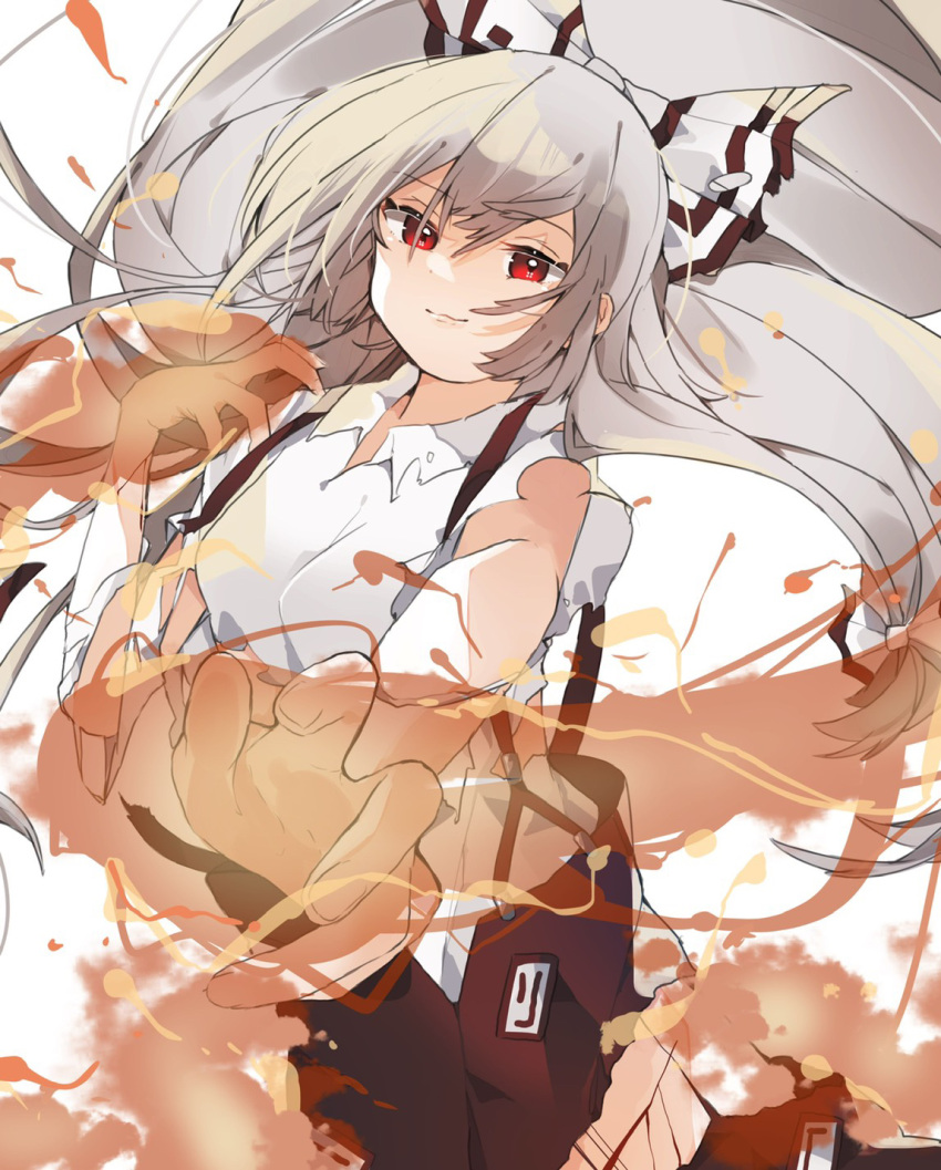 1girl bow breasts closed_mouth collared_shirt commentary cowboy_shot eyebrows_visible_through_hair fire floating_hair foreshortening fujiwara_no_mokou gominami hair_between_eyes hair_bow hair_ribbon highres light_smile long_hair looking_at_viewer medium_breasts outstretched_hand pants red_eyes red_pants ribbon shirt silver_hair simple_background smile smirk solo suspenders torn_clothes torn_pants torn_shirt touhou tress_ribbon white_background white_shirt