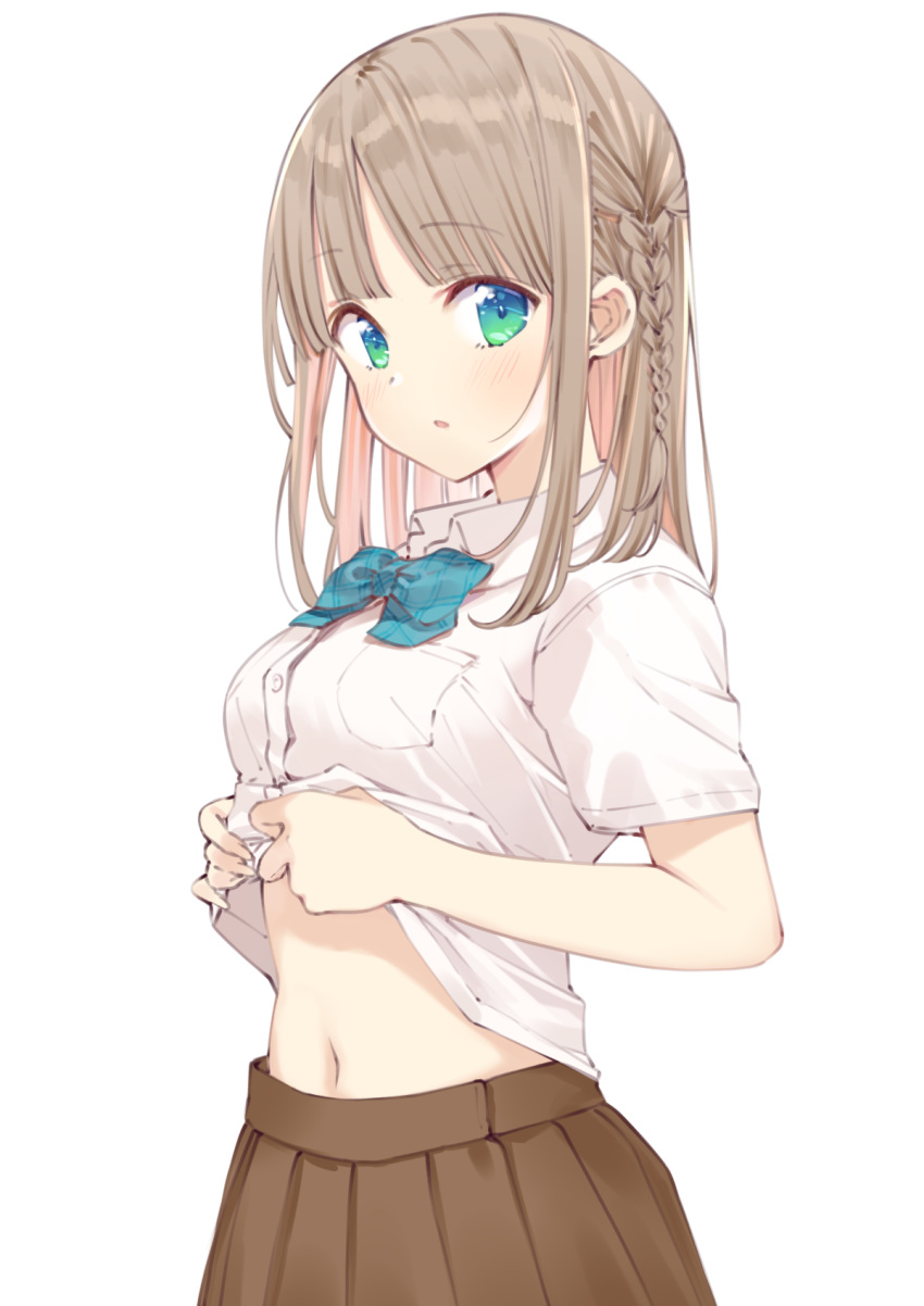 1girl :o bangs blue_bow blue_eyes blush bow braid breasts brown_hair brown_skirt collared_shirt dress_shirt eyebrows_visible_through_hair gradient_eyes green_eyes highres lifted_by_self long_hair looking_at_viewer maigoyaki multicolored multicolored_eyes multicolored_hair navel original parted_lips pink_hair pleated_skirt shirt shirt_lift short_sleeves simple_background skirt small_breasts solo stomach two-tone_hair white_background white_shirt