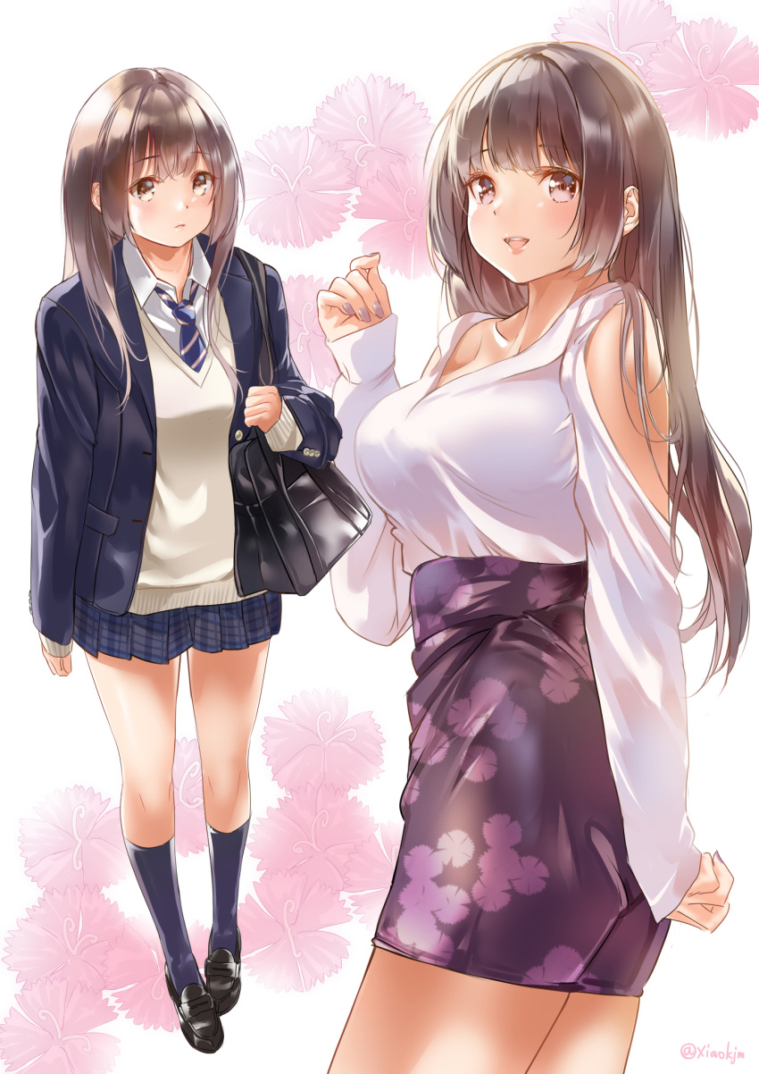 1girl :d bag bangs beige_shirt black_footwear black_hair blue_legwear blue_skirt blush breasts brown_eyes clothing_cutout collar collarbone collared_shirt eyebrows_visible_through_hair floral_background floral_print full_body highres jacket kneehighs koji_(kojikojimdw) large_breasts long_hair long_sleeves looking_at_viewer looking_to_the_side mary_janes multiple_views nail_polish necktie open_clothes open_jacket open_mouth original plaid plaid_skirt pleated_skirt purple_skirt school_bag school_uniform shirt shirt_tucked_in shoes shoulder_cutout sidelocks simple_background skirt smile solo striped striped_neckwear sweatshirt twitter_username uniform upper_teeth v-neck white_background white_collar white_shirt