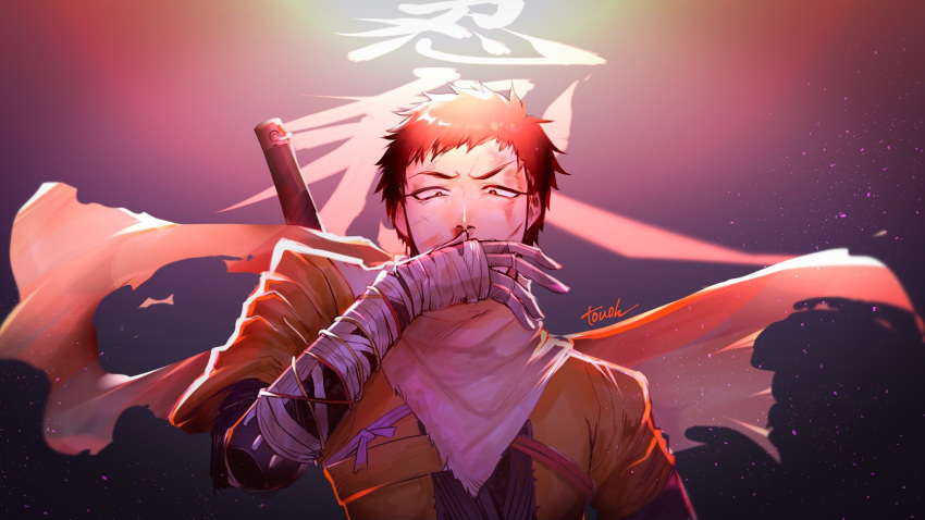 1boy artist_name bandaged_arm bandages bangs blood blood_on_face brown_hair coat commentary_request cosplay covering_mouth hand_over_own_mouth hand_up highres looking_at_viewer male_focus nijisanji nosebleed orange_coat prosthesis scar scar_on_face scarf sekiro sekiro_(cosplay) short_hair short_sleeves solo torn_scarf touou translation_request upper_body virtual_youtuber weapon weapon_on_back yashiro_kizuku