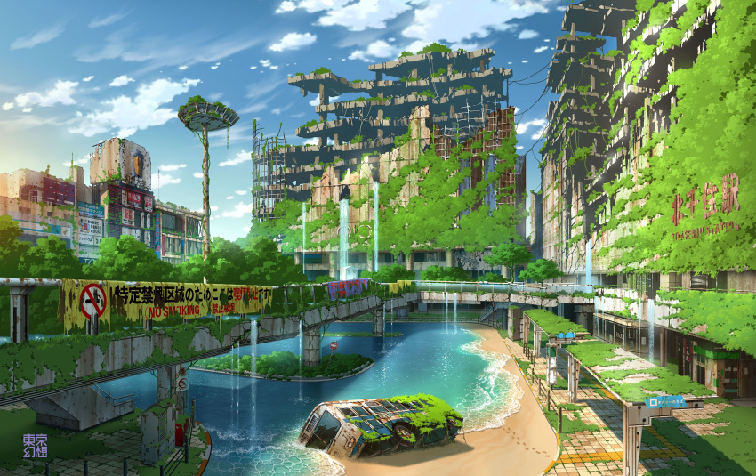 bridge bus clouds destroyed ground_vehicle highres motor_vehicle no_humans original overgrown sand scenery sign sky tokyogenso water