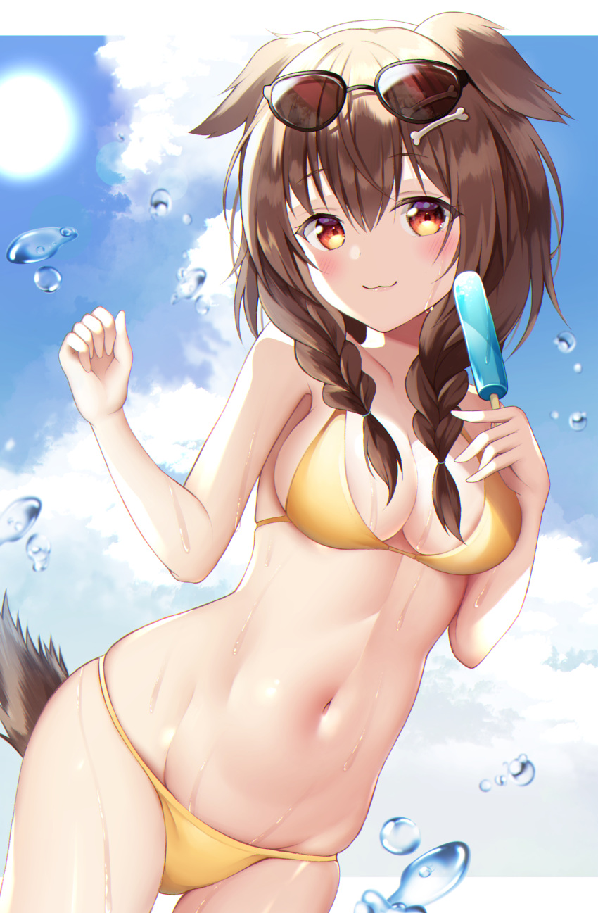 1girl absurdres animal_ears bangs bikini blue_sky blush bone_hair_ornament braid breasts brown_eyes brown_hair closed_mouth clouds collarbone commentary cowboy_shot day dog_ears dog_tail eyewear_on_head food groin hair_between_eyes hair_ornament hands_up highres holding holding_food hololive inugami_korone long_hair looking_at_viewer low_twin_braids navel popsicle skindentation sky solo sun sunglasses swimsuit tail thighs utekiro virtual_youtuber water_drop wet yellow_bikini