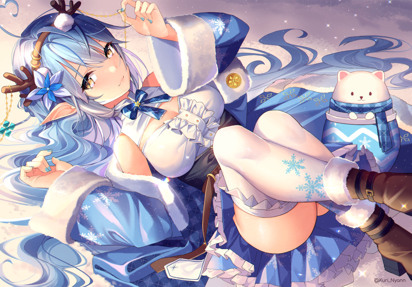 1girl ahoge antlers ass belt blue_coat blue_dress blue_nails blue_neckwear boots breasts brown_belt brown_footwear coat commentary daifuku_(yukihana_lamy) dress flower frilled_dress frilled_legwear frills full_body fur-trimmed_coat fur_trim hair_flower hair_ornament heart_ahoge highres hololive jar kuri_(animejpholic) large_breasts looking_at_viewer lying nail_polish on_back plaid plaid_scarf pointy_ears pom_pom_(clothes) reindeer_antlers scarf smile snow snowflake_print solo symbol_commentary twitter_username virtual_youtuber white_legwear yellow_eyes yukihana_lamy