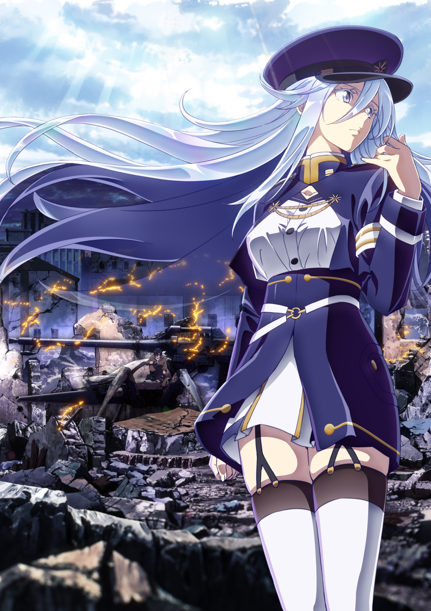 1boy 1girl 86_-eightysix- absurdres black_hair blue_eyes blue_sky clouds embers fingerless_gloves garter_straps gloves ground_vehicle high-waist_skirt highres key_visual light_blue_hair long_hair long_sleeves looking_away military military_vehicle miniskirt motor_vehicle official_art red_eyes rubble ruins shinei_nouzen skindentation skirt sky tank thigh-highs vladilena_millize white_legwear