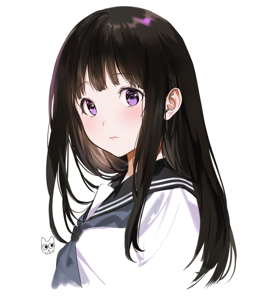 1girl artist_logo black_hair black_sailor_collar chitanda_eru cropped_torso grey_neckwear highres hyouka kamiyama_high_school_uniform long_hair looking_at_viewer mery_(yangmalgage) neckerchief sailor_collar school_uniform serafuku simple_background solo upper_body violet_eyes white_background