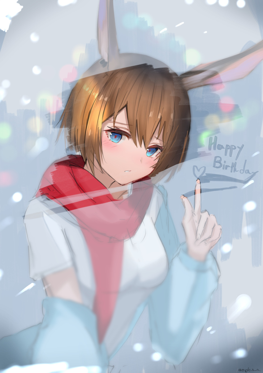1girl absurdres amiya_(arknights) animal_ears arknights arm_up blue_eyes blue_sweater blush brown_hair christmas_lights eugle_na happy_birthday heart highres index_finger_raised looking_at_viewer off_shoulder rabbit_ears red_scarf scarf shirt short_hair sketch solo sweater twitter_username upper_body white_shirt window window_fog window_writing