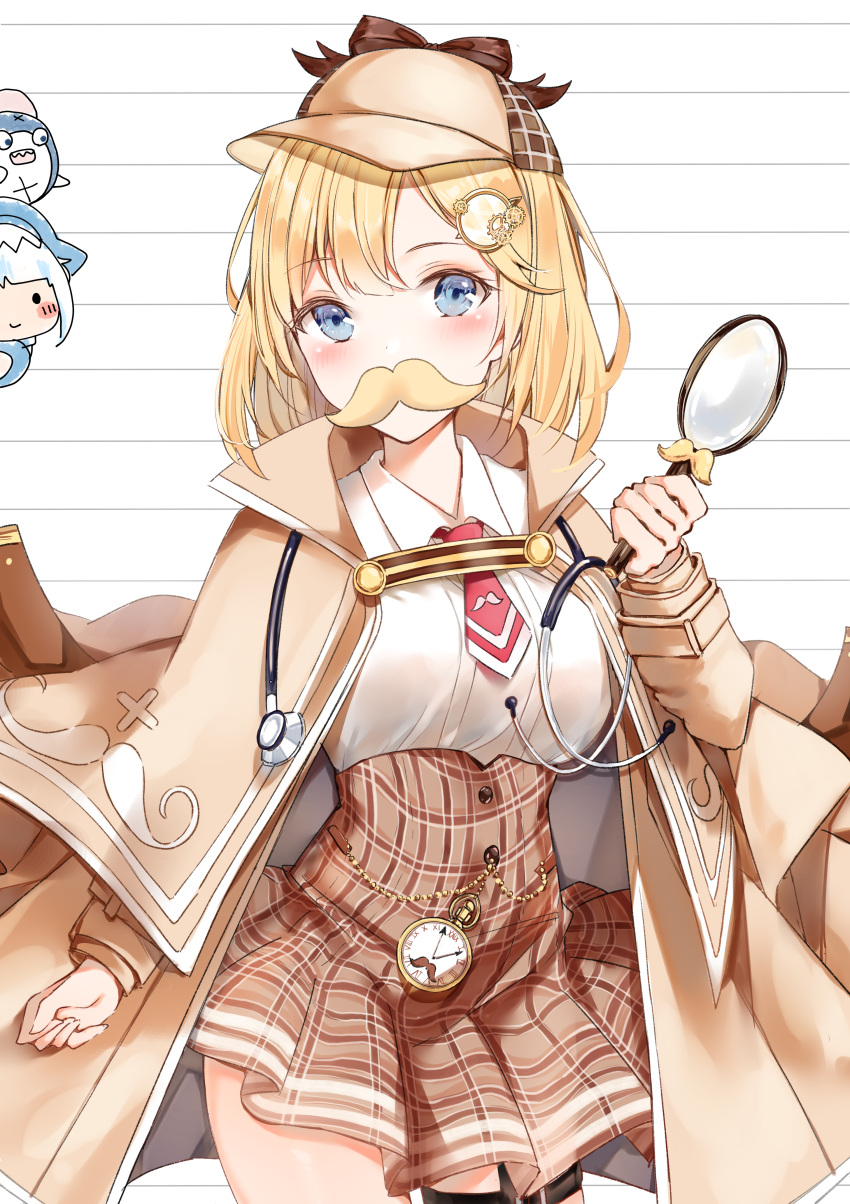 2girls absurdres bangs blonde_hair bloop_(gawr_gura) blue_eyes breasts brown_jacket capelet collared_shirt eyebrows_visible_through_hair facial_hair facing_viewer gawr_gura grin hair_ornament hat highres holding hololive hololive_english jacket large_breasts long_sleeves looking_at_viewer magnifying_glass monocle_hair_ornament multiple_girls mustache necktie plaid plaid_skirt red_neckwear shirt shirt_tucked_in skirt smile solo_focus stethoscope teeth thigh_strap thighs virtual_youtuber watson_amelia white_shirt yukineko1018