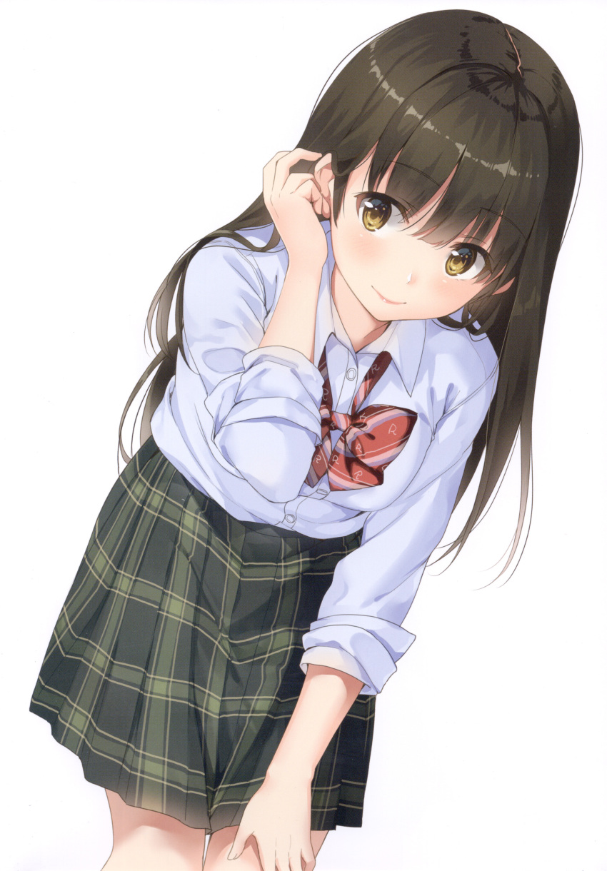 1girl absurdres bangs blush bow brown_eyes brown_hair buttons closed_mouth eyebrows_visible_through_hair fingernails hair_tucking hand_up highres leaning_forward lips long_hair looking_to_the_side original scan school_uniform shiny shiny_hair shirt simple_background skirt sleeves_rolled_up solo unasaka_ryou white_background