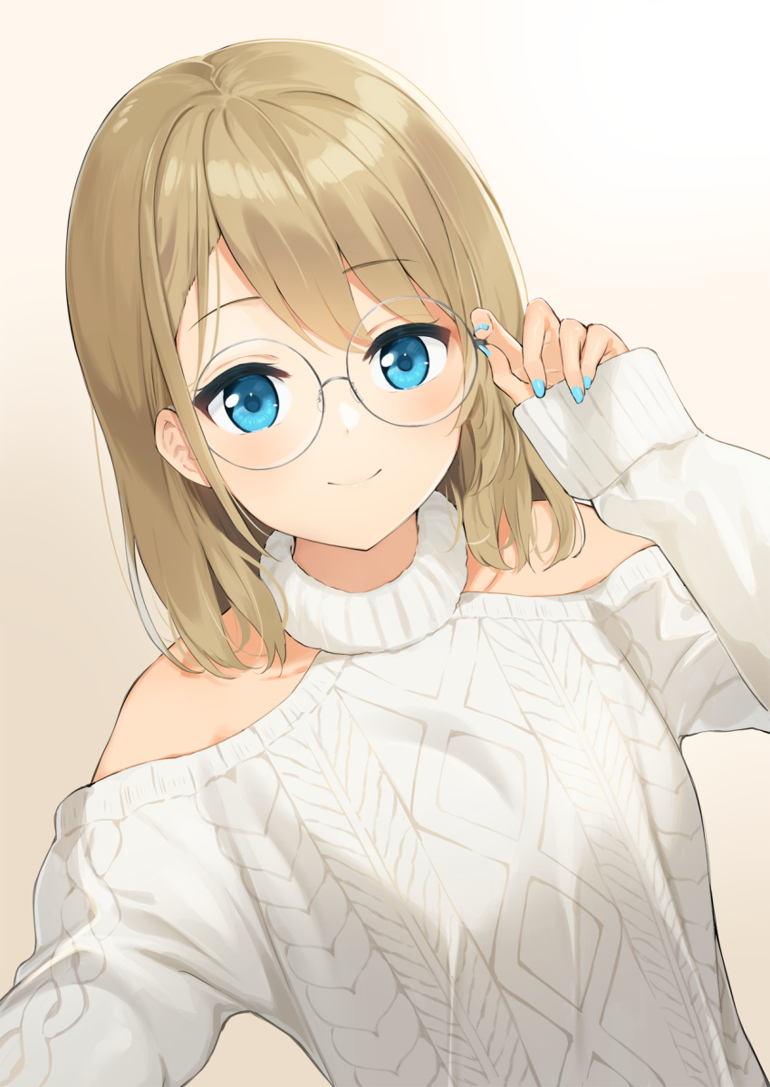 1girl aran_sweater bangs bare_shoulders blonde_hair blue_eyes blue_nails blush closed_mouth clothing_cutout eyebrows_visible_through_hair glasses gradient gradient_background hand_on_eyewear highres long_hair long_sleeves looking_at_viewer mirai_(mirai76_) nail_polish original rimless_eyewear round_eyewear shoulder_cutout sleeves_past_wrists smile solo sweater upper_body yellow_background