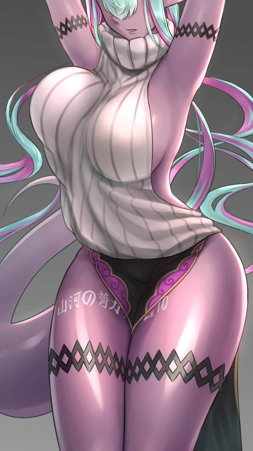 1girl aqua_hair armpits arms_behind_head arms_up bare_shoulders black_skirt body_writing breasts dark-skinned_female dark_skin fate/grand_order fate_(series) head_out_of_frame highres ibuki_douji_(fate) large_breasts legs legs_together long_hair multicolored_hair oni parted_lips pelvic_curtain pink_hair pointy_ears ribbed_sweater sideboob skirt sleeveless_sweater somebody_(leiking00) sweater tail thighs translation_request turtleneck turtleneck_sweater white_sweater