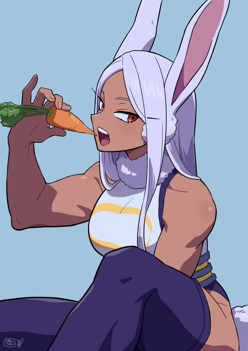 1girl animal_ears bare_shoulders blue_background boku_no_hero_academia breasts carrot dark_skin eating highres large_breasts long_hair looking_at_viewer mirko muscular muscular_female open_mouth rabbit_ears rabbit_tail red_eyes sanekome simple_background solo tail thigh-highs tight_clothes white_hair