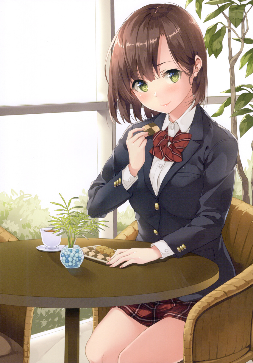 1girl absurdres bangs blazer blush bow breasts brown_hair buttons chair checkerboard_cookie closed_mouth cookie cup eyebrows_visible_through_hair fingernails food green_eyes highres holding holding_food jacket lips long_sleeves looking_at_viewer medium_breasts original scan shiny shiny_hair shiny_skin shirt short_hair sitting skirt smile solo table tea teacup unasaka_ryou white_shirt