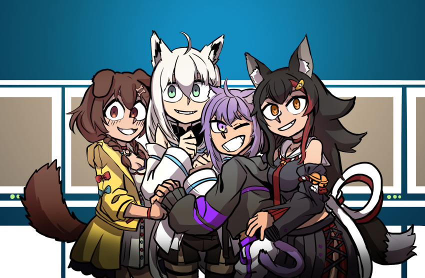 4girls :d ahoge animal_ear_fluff animal_ears bangs black_hair blue_bow bone_hair_ornament bow braid breasts brown_eyes brown_hair cat_ears cat_girl cat_tail cerberus_(helltaker) clenched_teeth collar commentary detached_sleeves dog_ears dog_girl dog_tail floral_print fox_ears fox_girl from_behind ghgnvm green_eyes grin hair_between_eyes hair_ornament helltaker highres holding_hands hololive hololive_gamers hood hood_down interlocked_fingers inugami_korone jacket long_hair long_sleeves looking_at_viewer looking_back multicolored_hair multiple_girls nekomata_okayu one_eye_closed ookami_mio open_mouth pants parody pleated_skirt purple_hair red_bow redhead shirakami_fubuki short_hair sidelocks skirt sleeveless smile streaked_hair style_parody tabi tail teeth twin_braids v-shaped_eyebrows vanripper_(style) very_long_hair violet_eyes virtual_youtuber white_hair white_pants wolf_ears wolf_girl wolf_tail yellow_eyes yellow_jacket