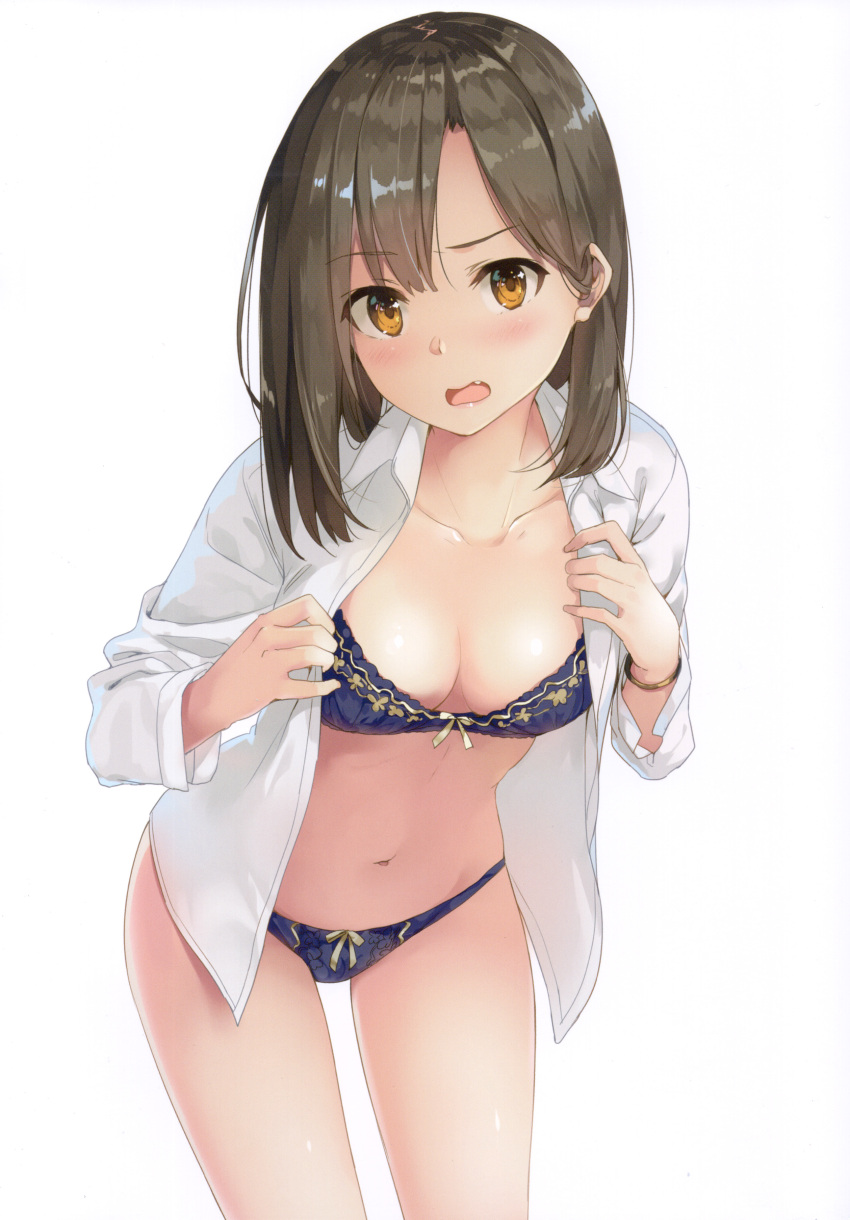 1girl absurdres bangs blush bow bow_bra bow_panties bra bracelet brown_eyes brown_hair collarbone eyebrows_visible_through_hair fang floral_print highres jewelry long_sleeves navel open_clothes open_mouth open_shirt original panties scan shiny shiny_hair shiny_skin shirt short_hair simple_background solo stomach thighs unasaka_ryou underwear white_background white_shirt