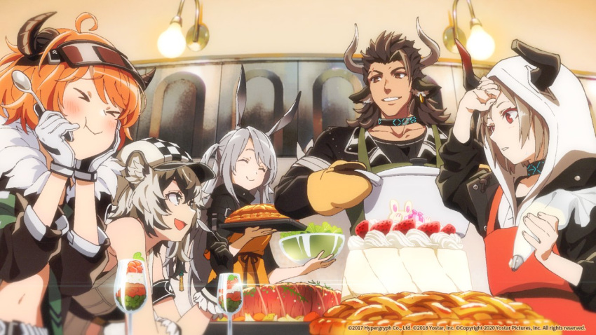 1boy 4girls animal_ear_fluff animal_ears apron arknights armband blush broken_horn cake christmas cliffheart_(arknights) closed_eyes commentary_request cookie cow_boy cow_girl cow_horns cream croissant_(arknights) cup drinking_glass earrings eating english_text food fruit funnel hat horns jewelry kitchen leopard_ears leopard_girl matterhorn_(arknights) mittens multiple_girls navel official_art oven_mitts pie pot rabbit_ears rabbit_girl salad salad_bowl savage_(arknights) scar scar_across_eye smile spoon strawberry tray vulcan_(arknights) wine_glass