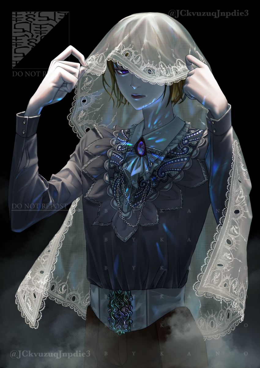 1girl bangs black_background blue_eyes brown_hair chain character_request closed_mouth collar copyright_request fog gem highres jckvuzuqjnpdie3 jewelry long_sleeves looking_at_viewer one_eye_covered pale_skin short_hair simple_background solo tagme veil veil_lift